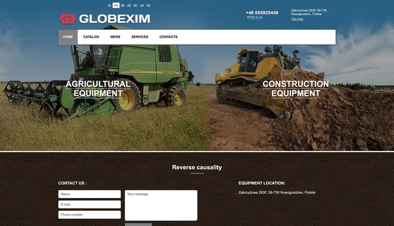Agricultural equipment sales website for a company offering new and used farm machinery, including tractors and harvesting equipment